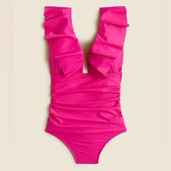 NWT J. Crew Flamingo Pink Ruffle Plunge Lined Ruched Side Padded Cup Swimsuit - Picture 1 of 15